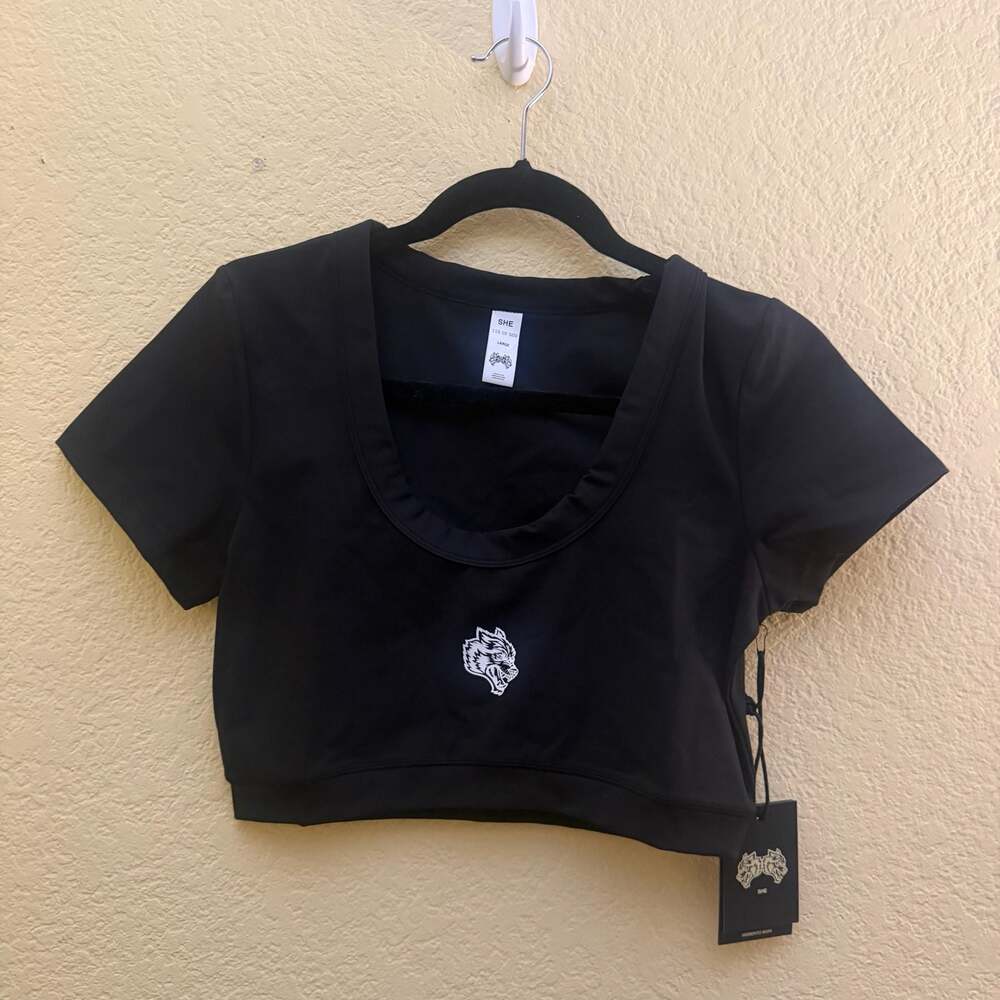 SHE Memento Mori Black Short Sleeve Scoop Neck Crop Top Size Large